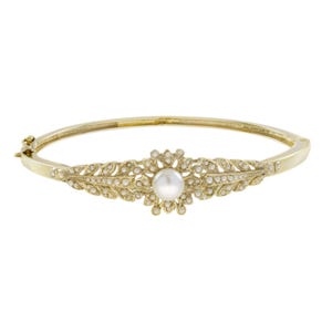 Fresh Water Pearl Victorian Style 14k Yellow Gold Bangle Bracelet