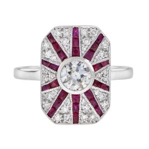 Old Cut Diamond & Ruby Art Deco Style Pave Ring Sunburst 18k White Gold Ring