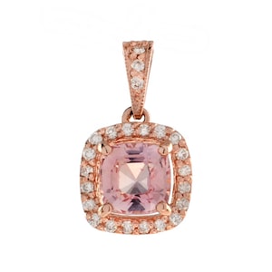 Cushion Peach Pink Morganite & Diamond Halo Set 14k Rose Gold Pendant