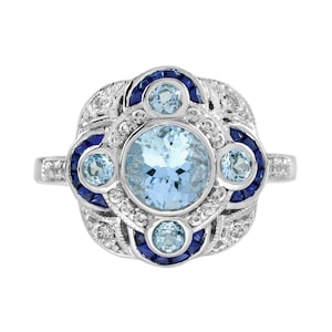 Round Blue Aquamarine & Sapphire Diamond Art Deco Style White Gold Ring