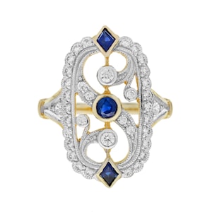 Blue Sapphire Diamond Vintage Style Filigree 14k White Yellow Twotone Gold Ring
