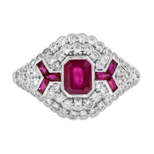 Ruby & Pave Diamond Art Deco Inspired Style Statement 14k White Gold Ring