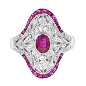 Art Deco Style Pink Red Ruby & Diamond Cocktail 18k White Gold Statement Ring