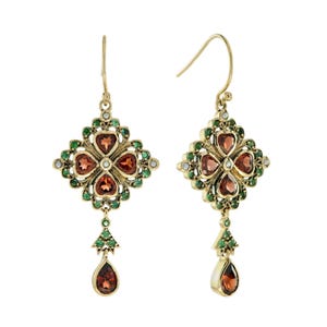 Garnet Emerald Pearl Vintage Style Drop 9k Yellow Gold Earrings
