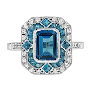 London Blue Topaz & Diamond Halo Vintage Inspired Art Deco Style White Gold Ring
