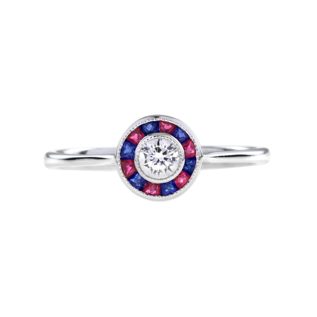 Ruby Blue Style Art Deco Style Diamond & Red Ruby Blue Sapphire Halo Set 14k White Gold ...
