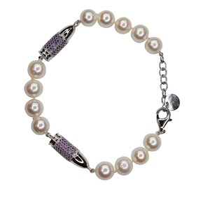 Purple Violet Amethyst Pave Set Gemstone Silver Rocket Bullet White Pearl Sterling Silver Rhodium Bead Statement Unique Bracelet