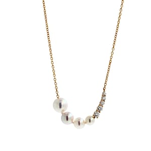 14 Karat Yellow Gold White Akoya Pearl White Diamond Layer Dainty Classic Beautiful White Pearls Timeless Unique Statement Necklace Pendant