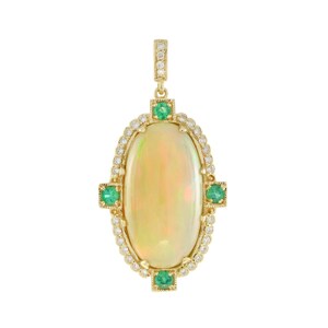 Oval Shape Ethiopian Opal & Diamond Emerald Halo 14k Yellow Gold Pendant