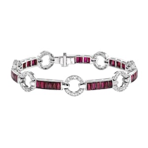 Art Deco Style Red Pink Ruby & Diamond 18k White Gold Unique Tennis Bracelet