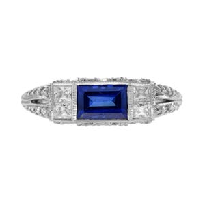 Baguette Blauer Saphir & Diamant Art Deco Style Solitaire 14k Weissgold Ring
