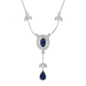 Blue Sapphire & Diamond Art Deco Style 14k White Gold Drop Pendant Necklace