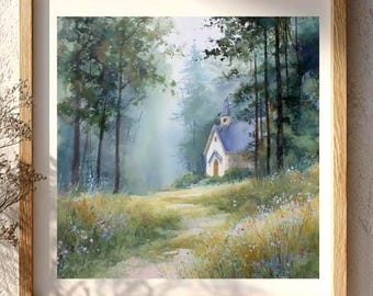 Christian Chapel Landscape Print | Watercolor Countryside Faith Art | Peaceful Nature Art