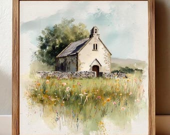 Spring Chapel Watercolor Print | Christian Countryside Faith Art | Neutral Nature