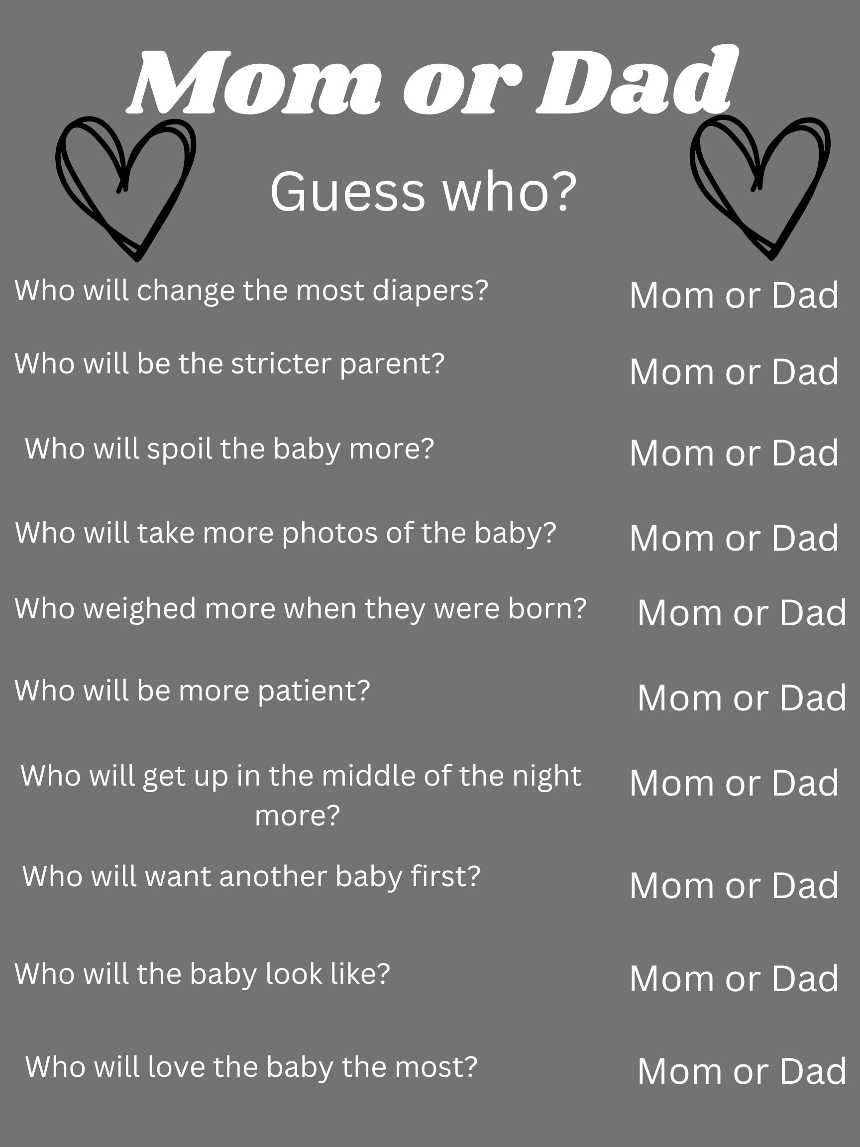Mom or Dad Baby Shower Game Mommy or Daddy Baby Shower Game Etsy