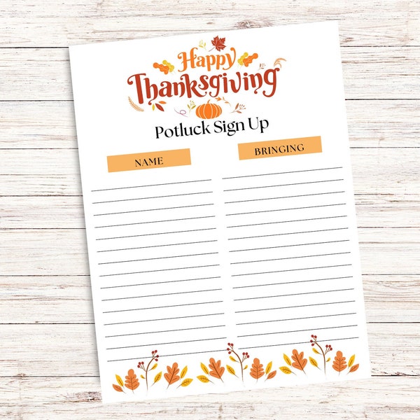 Thanksgiving Potluck Sign Up Sheet Printable, Holiday Potluck Sign Up Sheet, Instant Digital Download, Thanksgiving Potluck List for Work