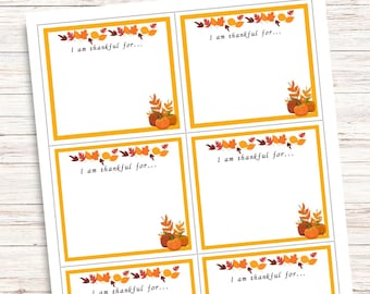 May include: A sheet of printable Thanksgiving cards with a white background. Each card has a yellow border and the text "I am thankful for...". The cards are decorated with fall leaves and pumpkins.