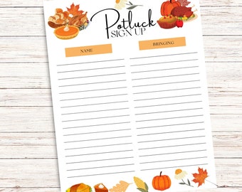 Urlaub Potluck Sign Up Sheet, Thanksgiving Potluck Sign Up Sheet druckbare, sofortiger digitaler Download, Thanksgiving Potluck Liste für die Arbeit