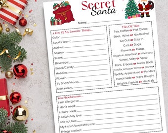 May include: A Christmas-themed Secret Santa questionnaire with illustrations of Santa and a Christmas tree. The form includes sections for favourite things, preferences, and "This OR That" choices. The words "Secret Santa" are at the top.