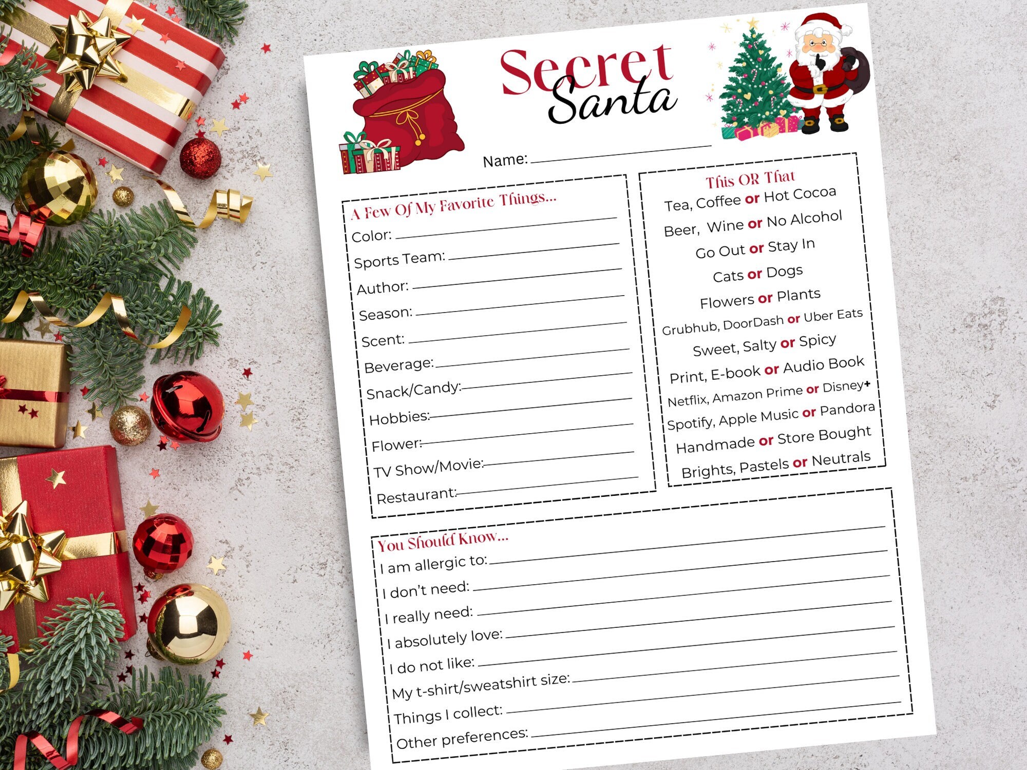 Secret Santa Questionnaire Printable, Secret Santa Questionnaire