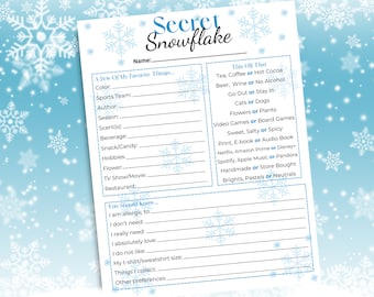 Secret Snowflake Questionnaire Printable, Holiday Gift Exchange Form, Secret Santa Survey, Secret Santa questionnaire For Adults and Office