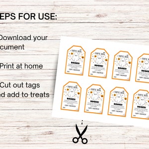 May include: A sheet of printable Halloween gift tags with an orange border, featuring a ghost and pumpkin design. The tags read "You've Been Booed!" and include instructions: Download, Print, Cut, and Add to Treats.