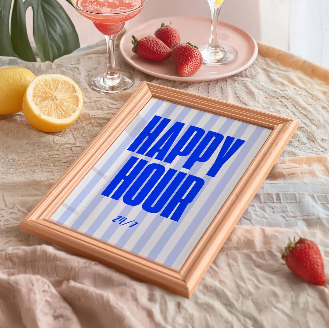 Blue Happy Hour Print, Digital Download, Bar Cart Wall Art, Bar Cart