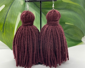 Yarn Tassel Earrings - Burgundy
