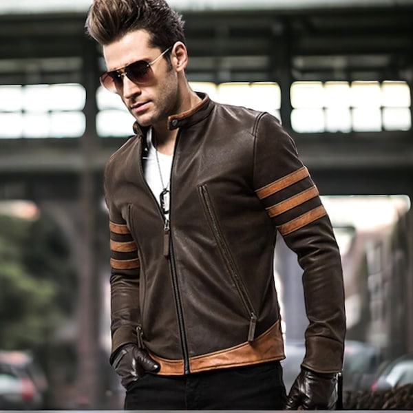 X-Men Wolverine Origins Bomber Style Brown Real Leather Jacket, Racer leather jacket, Cafe racer jacket , Vintage Wolverine leather jacket