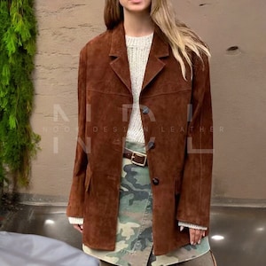Long manteau en cuir suédé marron pour femme, trench-coat marron vintage en cuir suédé pour femmes occidentales, élégant et chaud, cadeau d'hiver parfait pour elle