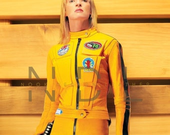 Kill Bill Volume 1 Cosplay Beatrix Kiddo Abito in pelle gialla / Uma Thurman La sposa Costume Giacca, Costume Classico Giacca in pelle gialla