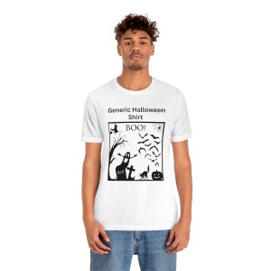 Funny 'Generic Halloween Shirt' / Old School Vintage Design - Spooky Ghost, Scary Witch, Black Cat & Bats / BOO! / Unisex Short Sleeve Tee image 4