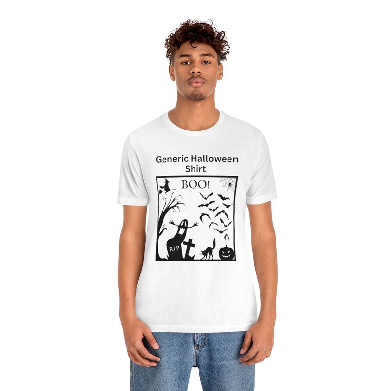 Funny 'Generic Halloween Shirt' / Old School Vintage Design - Spooky Ghost, Scary Witch, Black Cat & Bats / BOO! / Unisex Short Sleeve Tee image 4