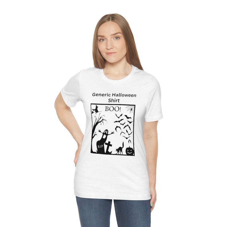 Funny 'Generic Halloween Shirt' / Old School Vintage Design - Spooky Ghost, Scary Witch, Black Cat & Bats / BOO! / Unisex Short Sleeve Tee image 5