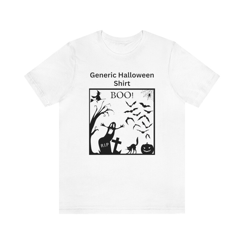 Funny 'Generic Halloween Shirt' / Old School Vintage Design - Spooky Ghost, Scary Witch, Black Cat & Bats / BOO! / Unisex Short Sleeve Tee image 1