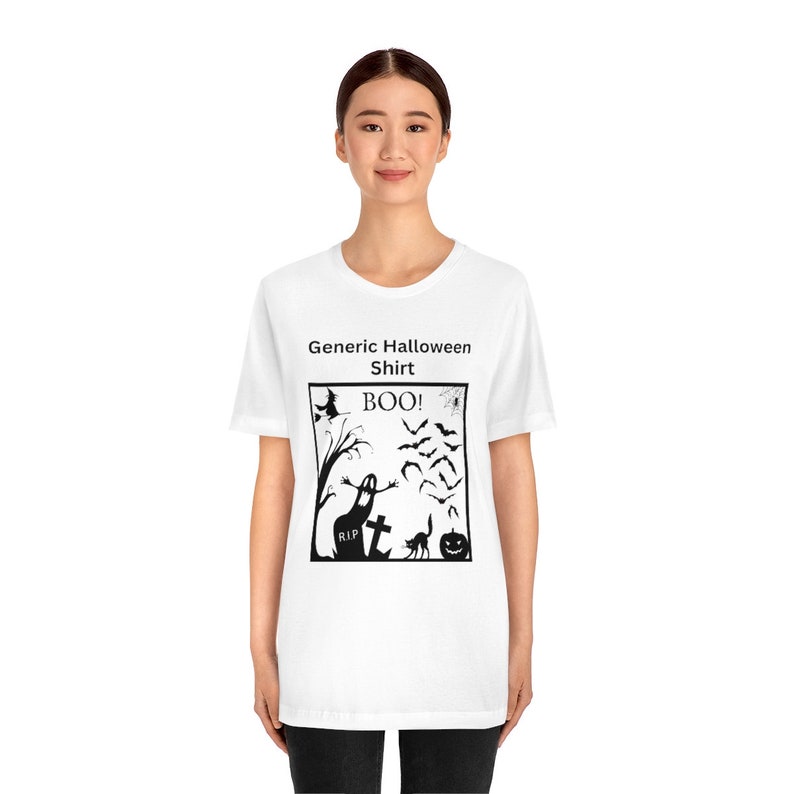 Funny 'Generic Halloween Shirt' / Old School Vintage Design - Spooky Ghost, Scary Witch, Black Cat & Bats / BOO! / Unisex Short Sleeve Tee image 3