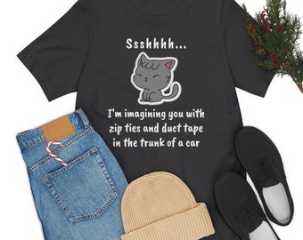 Camisa engraçada da Psycho Kitty, gravatas com zíper e camisa com fita adesiva, camisa do porta-malas do carro, camisa do Kitty Cat, camisa do gato sarcástico, camisa fofa da Psycho Kitten
