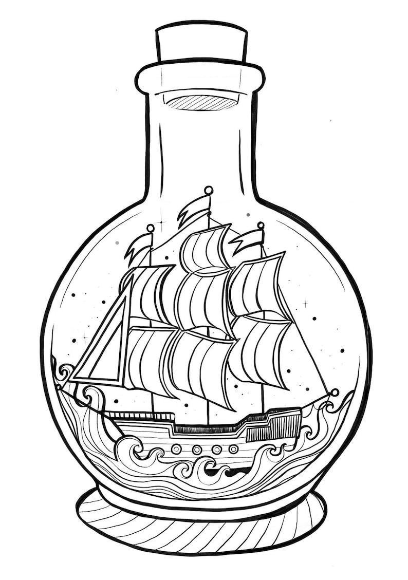 Ship in a Bottle, Printable Coloring Sheet, Instant Download, Children ...