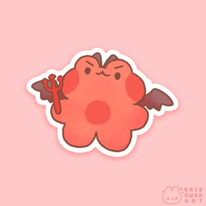 May include: A red cartoon flower with devil horns and wings holding a red trident. The flower has a large red circle in the center. The background is pink.