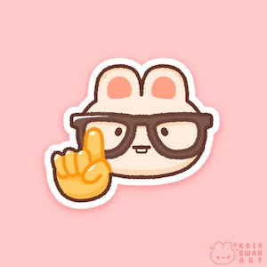 May include: A cartoon bunny wearing brown glasses with a finger pointing up. The bunny has a white body with pink ears and a brown nose. The bunny is on a pink background.
