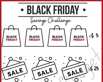 Puede incluir: Un gráfico de desafío de ahorro del Black Friday con bolsas de compras negras y letreros de venta. El gráfico muestra un ahorro total de $ 210.