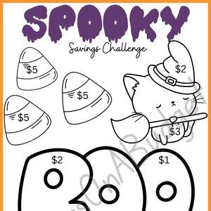 May include: A black and white printable Halloween savings challenge with a total of $60. The challenge includes images of candy corn, a cat with a witch's hat, a spider, a bat, and lollipops.
