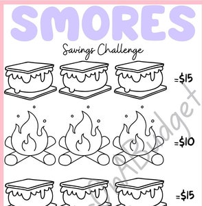 以下が含まれることがあります： S'moresをテーマにした貯蓄チャレンジの白黒イラスト。各画像に10円と15円の価値が割り当てられ、スモアとキャンプファイヤーの絵が描かれています。総貯蓄目標は225円です。