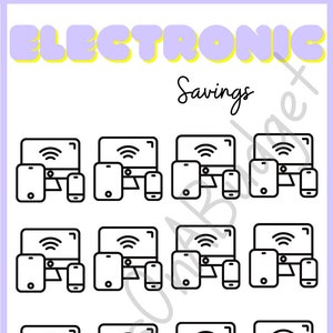 Könnte beinhalten: Ein druckbarer Spar-Tracker mit einer Schwarzweiß-Illustration von elektronischen Geräten, darunter ein Computer, ein Tablet und ein Telefon. Der Tracker trägt den Titel "Elektronische Ersparnisse" und bietet Platz für die Eingabe des Gesamtsparbetrags.