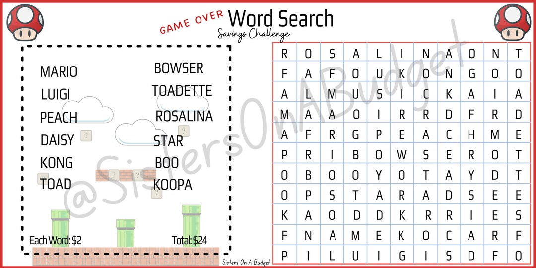 A6 Game Over Word Seach Mini Savings Challenge | |savings Challenge ...