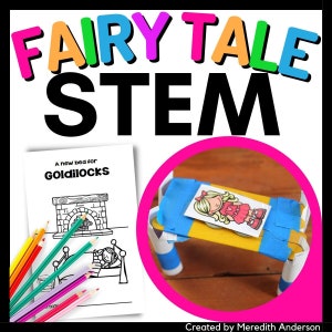 以下が含まれることがあります： 「FAIRY TALE STEM」という言葉がカラフルな文字で書かれた教育的な画像。金髪の女の子のベッドの絵が色鉛筆の隣にあります。金髪の女の子の画像が入った小さなベッドモデルがピンクの円の中にあります。
