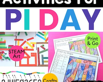 Actividades del Día de Pi para estudiantes de primaria: incluye manualidades, arte, matemáticas prácticas, arte pop, colorear por número, rompecabezas de lógica.