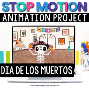 Puede incluir: Una pantalla de portátil muestra un proyecto de animación del Día de los Muertos. La animación presenta un personaje de esqueleto con maracas y un sombrero decorado. El texto "STOP MOTION ANIMATION PROJECT" y "DIA DE LOS MUERTOS" son visibles.