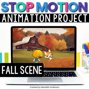 Könnte beinhalten: Ein Laptop zeigt ein Animationsprojekt zum Thema Herbst. Der Bildschirm zeigt einen Cartoon-Kürbis und einen Fuchs vor einer roten Scheune und Herbstbäumen. Der Text "STOP MOTION ANIMATION PROJECT" und "FALL SCENE" sind auf dem Bildschirm zu sehen.