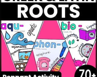 Actividad imprimible sobre raíces griegas y latinas. Dibujo creativo. Vocabulario. Morfología de banderines. Etimología del idioma inglés.